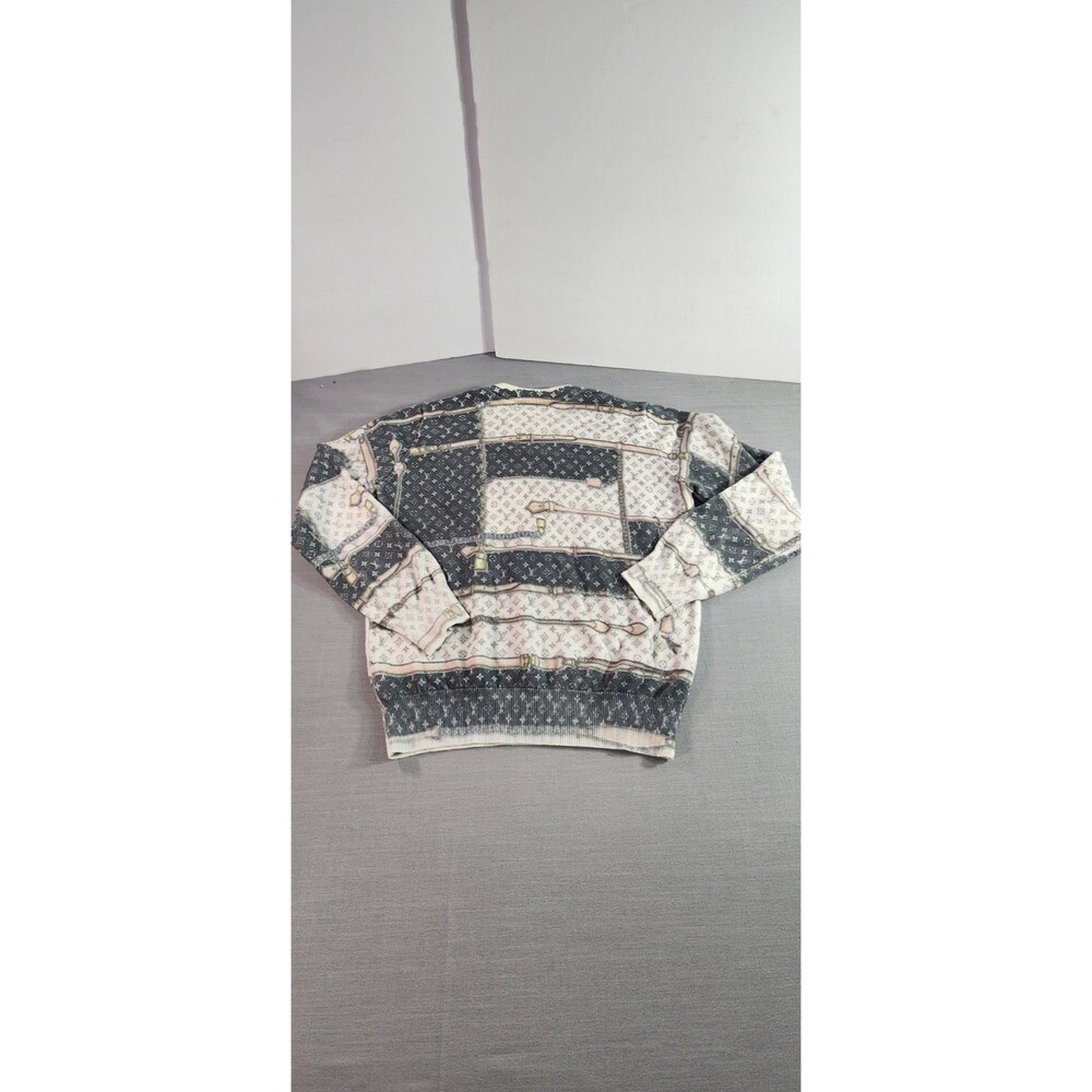 Designer-Style Monogram Print Crewneck Sweater Belt Pattern Knit Top Size S - Picture 3 of 8